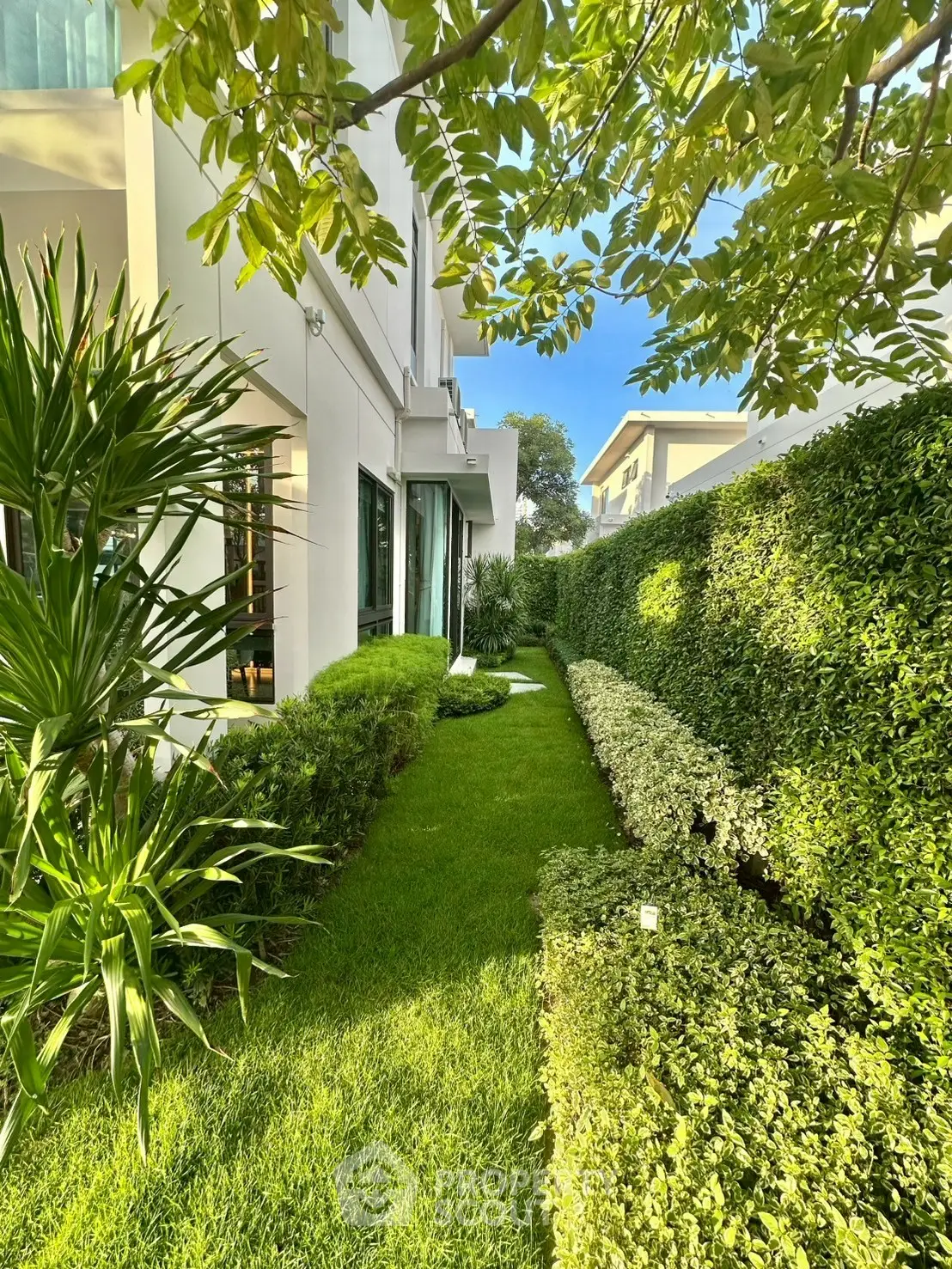 Luxurious garden view with lush greenery and modern architecture