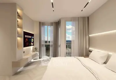 Modern bedroom with large windows and scenic view, featuring sleek design and ambient lighting.
