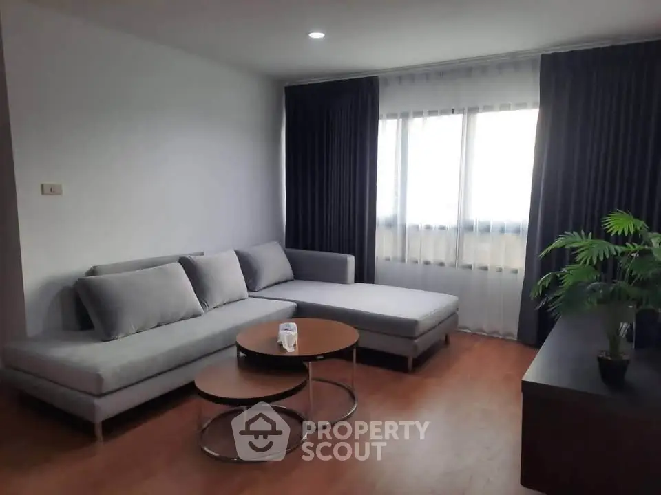 Modern living room with stylish gray sectional sofa and elegant curtains