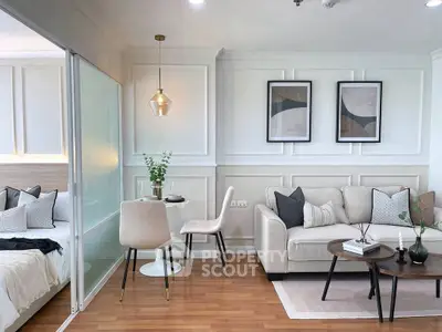 Modern living room with elegant decor and cozy seating area