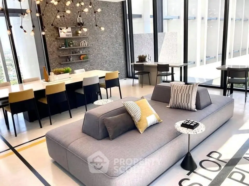 Luxurious modern living room with stylish furniture and floor-to-ceiling windows offering stunning city views.