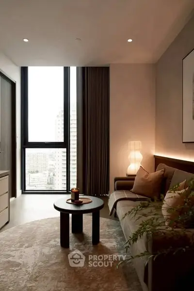 Modern living room with large window and stylish decor in urban apartment.