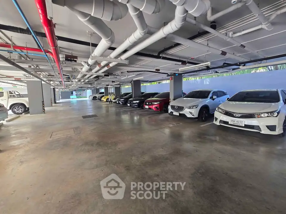 Spacious indoor parking area with multiple cars parked, showcasing ample space and modern design.