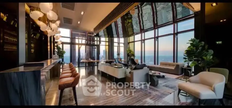 Luxurious high-rise living room with panoramic city views and elegant modern decor.