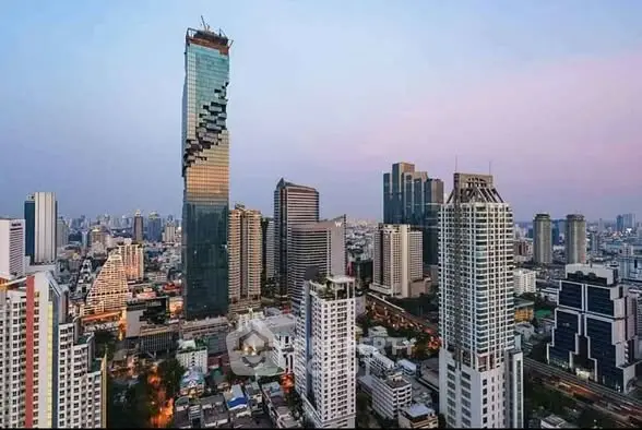 Stunning skyline view featuring iconic skyscraper in bustling city center.