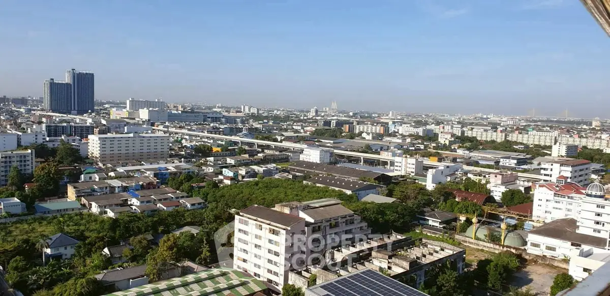 Stunning panoramic cityscape view showcasing urban skyline and residential buildings under clear blue sky.
