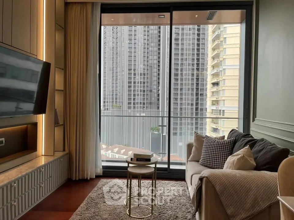 Modern living room with large windows and city view, cozy sofa, and stylish decor.