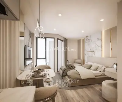 Luxurious modern bedroom with elegant decor and dining area in a high-end apartment