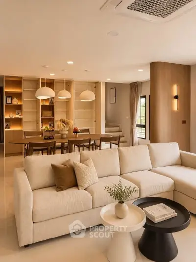 Luxurious open-plan living room with elegant beige sofa and modern dining area, perfect for stylish entertaining.