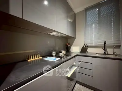 Modern kitchen with sleek grey cabinetry and built-in appliances