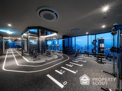 Luxurious high-rise gym with panoramic city views and modern fitness equipment.