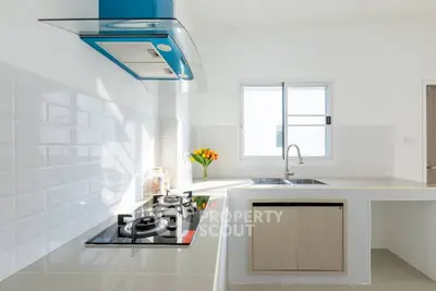 Modern kitchen with sleek gas stove and minimalist design, featuring bright natural light and stylish cabinetry.