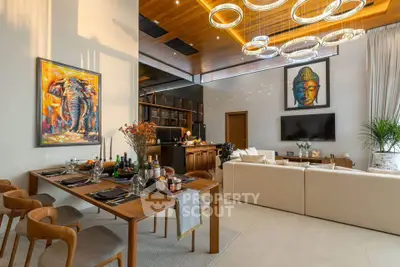 Luxurious modern living room with elegant dining area and artistic decor