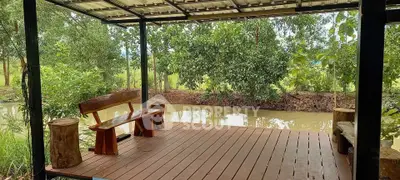 Charming wooden deck overlooking serene pond and lush greenery, perfect for relaxation and nature lovers.