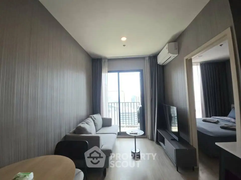 Modern living room with balcony view in a stylish apartment