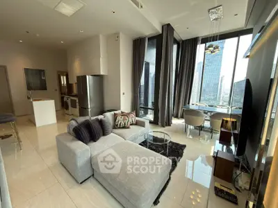 Luxurious modern living room with stunning city view and elegant decor