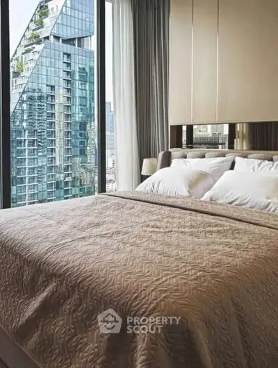 Luxurious bedroom with stunning city view and modern decor