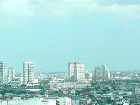 Stunning cityscape view showcasing high-rise buildings under a clear blue sky.