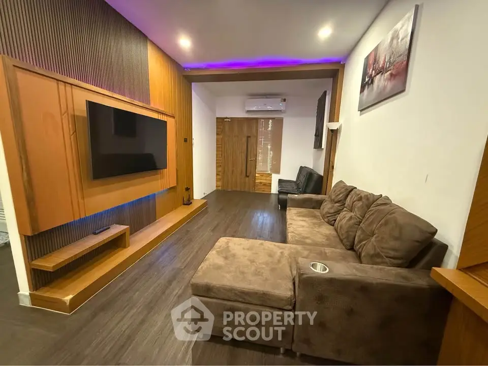 Modern living room with stylish decor and cozy seating area