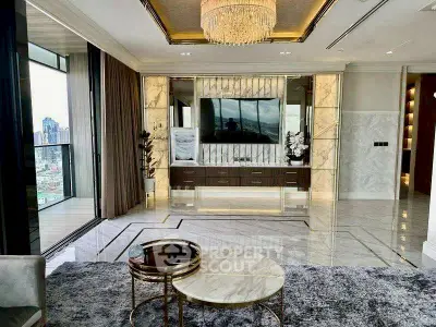 Luxurious living room with modern decor and city view balcony