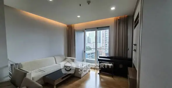 Modern living room with city view and stylish furniture