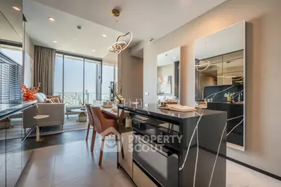 Luxurious modern living room with open kitchen and stunning city view