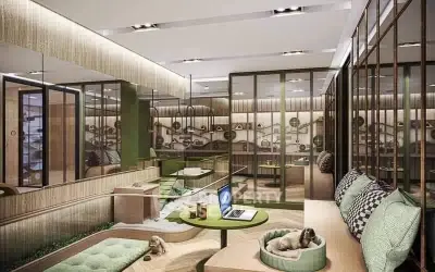 Luxurious modern living room with green accents and cozy seating area