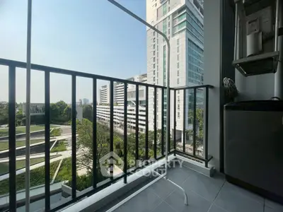 Modern balcony with city view in high-rise building