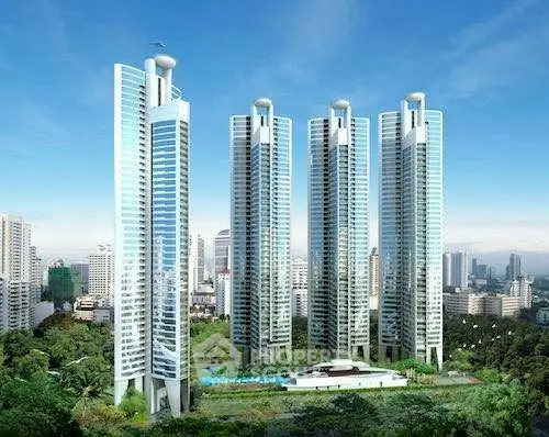 Stunning modern skyscrapers with lush greenery and cityscape views, offering luxurious urban living.