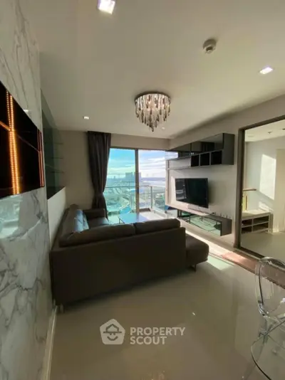 Luxurious living room with stunning city view and modern decor