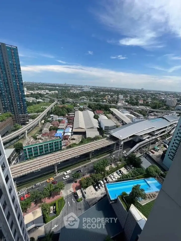 Stunning cityscape view from high-rise building with pool and urban landscape.