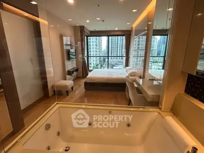Luxurious bedroom with city view and in-room jacuzzi, modern design and spacious layout.