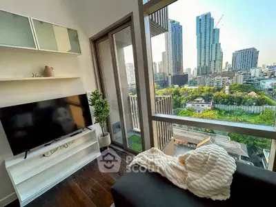 Modern living room with stunning city view and cozy decor