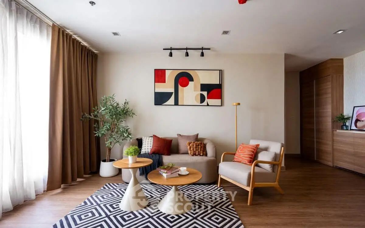 Stylish modern living room with abstract art and cozy seating area