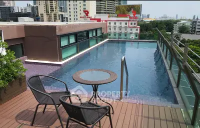 Stunning rooftop pool with city views and cozy seating area, perfect for relaxation and entertainment.