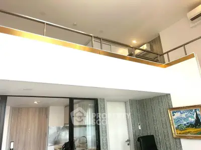 Modern loft apartment with stylish interior and open layout, featuring a mezzanine level and elegant decor.