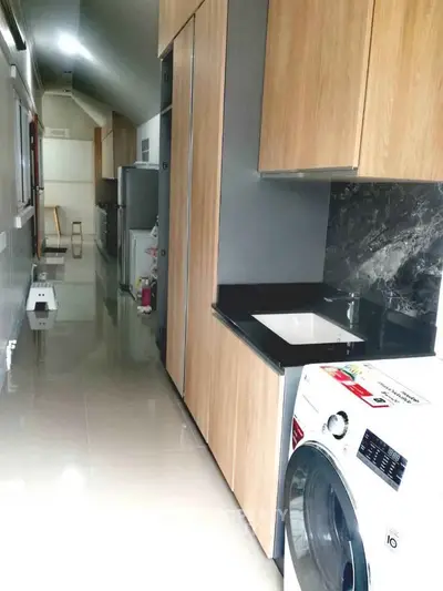 Modern kitchen with sleek wooden cabinets and washing machine