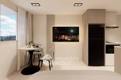 Modern studio apartment with sleek kitchen and cozy dining area, featuring a wall-mounted TV and large window view.