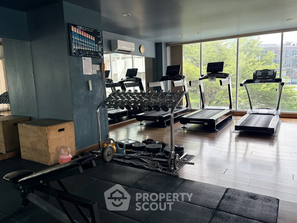 Modern gym with treadmills and weights, featuring large windows and natural light.