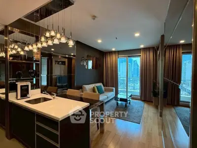 Luxurious modern living room with city view and elegant decor