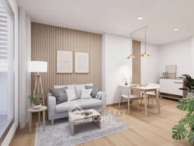 Modern living room with stylish decor and dining area, featuring wooden accents and cozy ambiance.