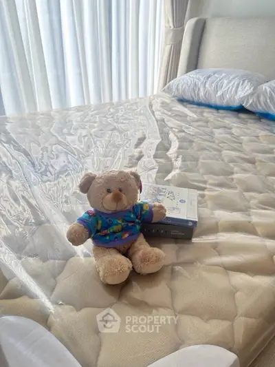 Cozy bedroom with plush teddy bear and sunlight streaming through curtains.