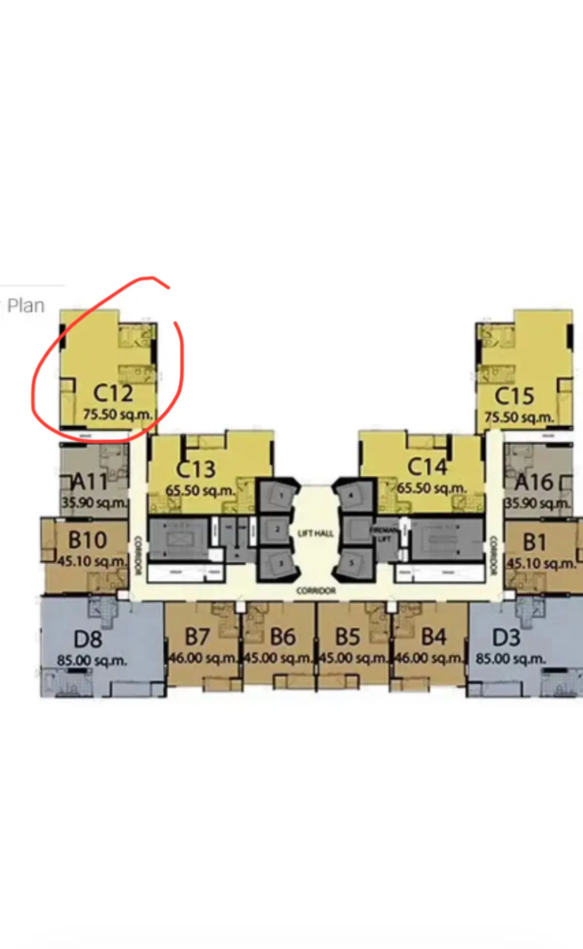 Floor plan layout of a modern apartment complex with unit sizes marked.