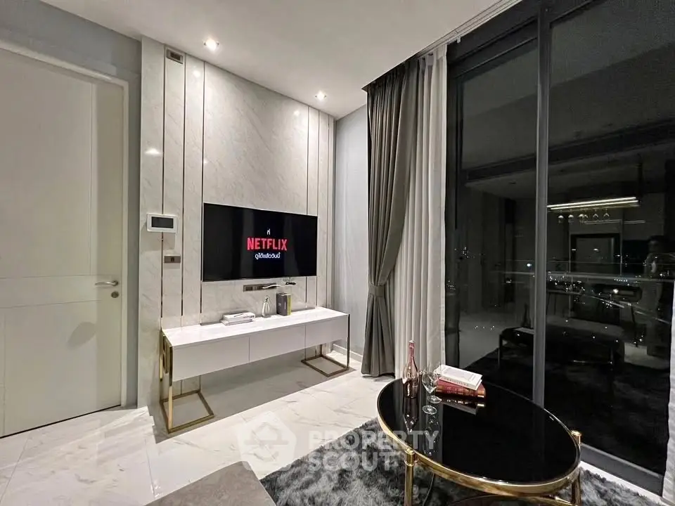 Luxurious modern living room with sleek design and city view