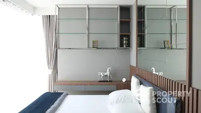 Modern bedroom with sleek shelving and elegant decor