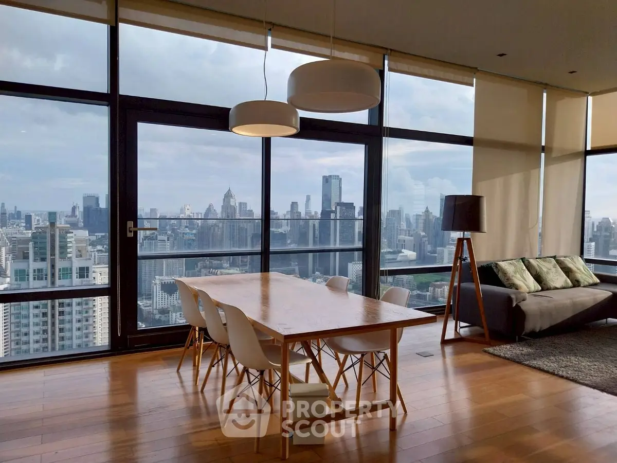 Stunning high-rise living room with panoramic city views and modern decor.