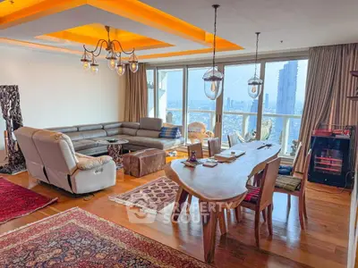 Luxurious living room with panoramic city view and elegant wooden furniture