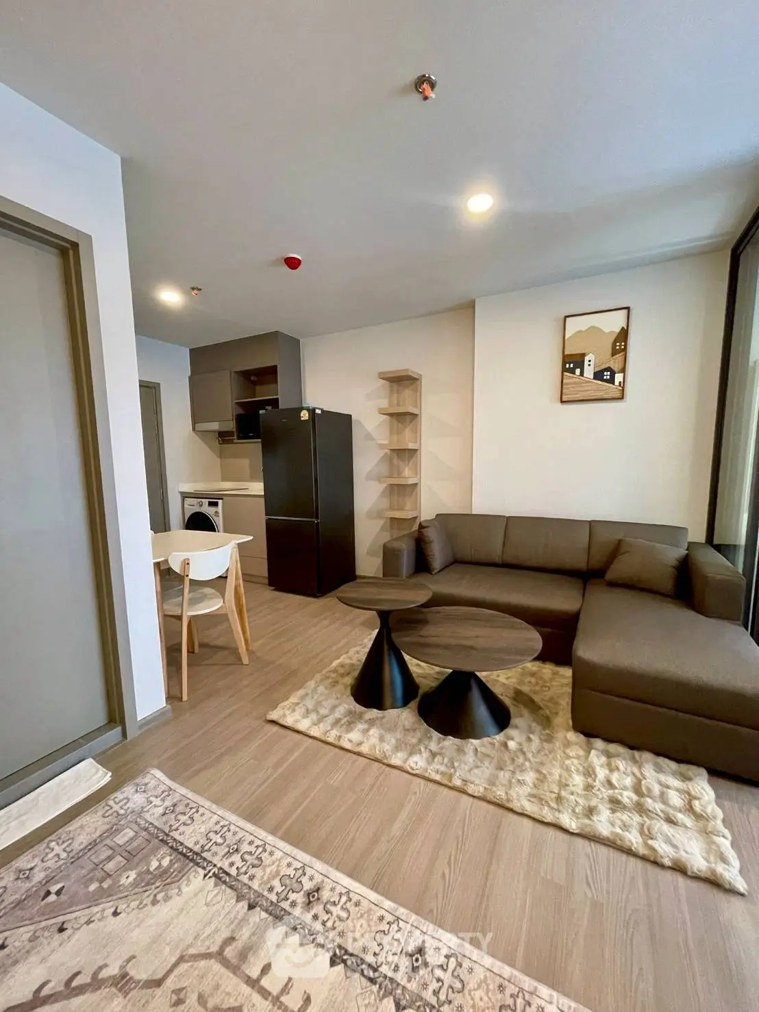 Modern living room with cozy sofa and stylish kitchen area in open layout apartment.