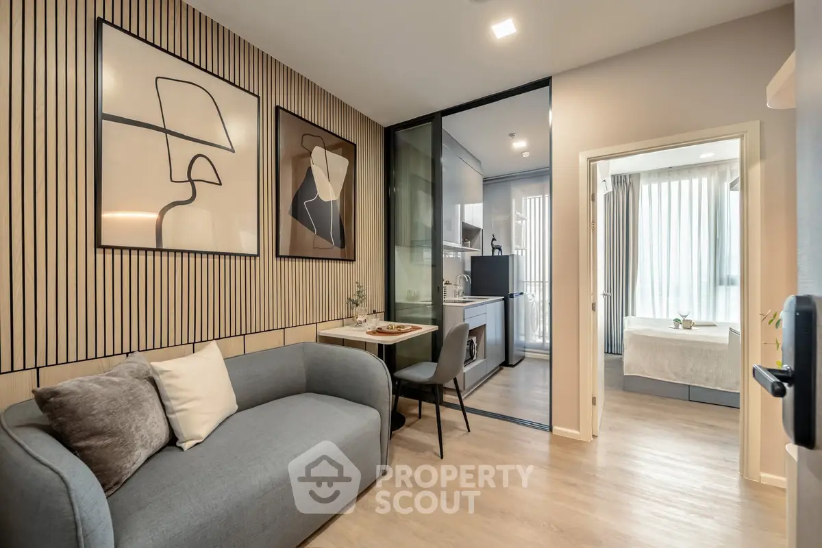 Modern apartment interior with stylish living room and open kitchen design