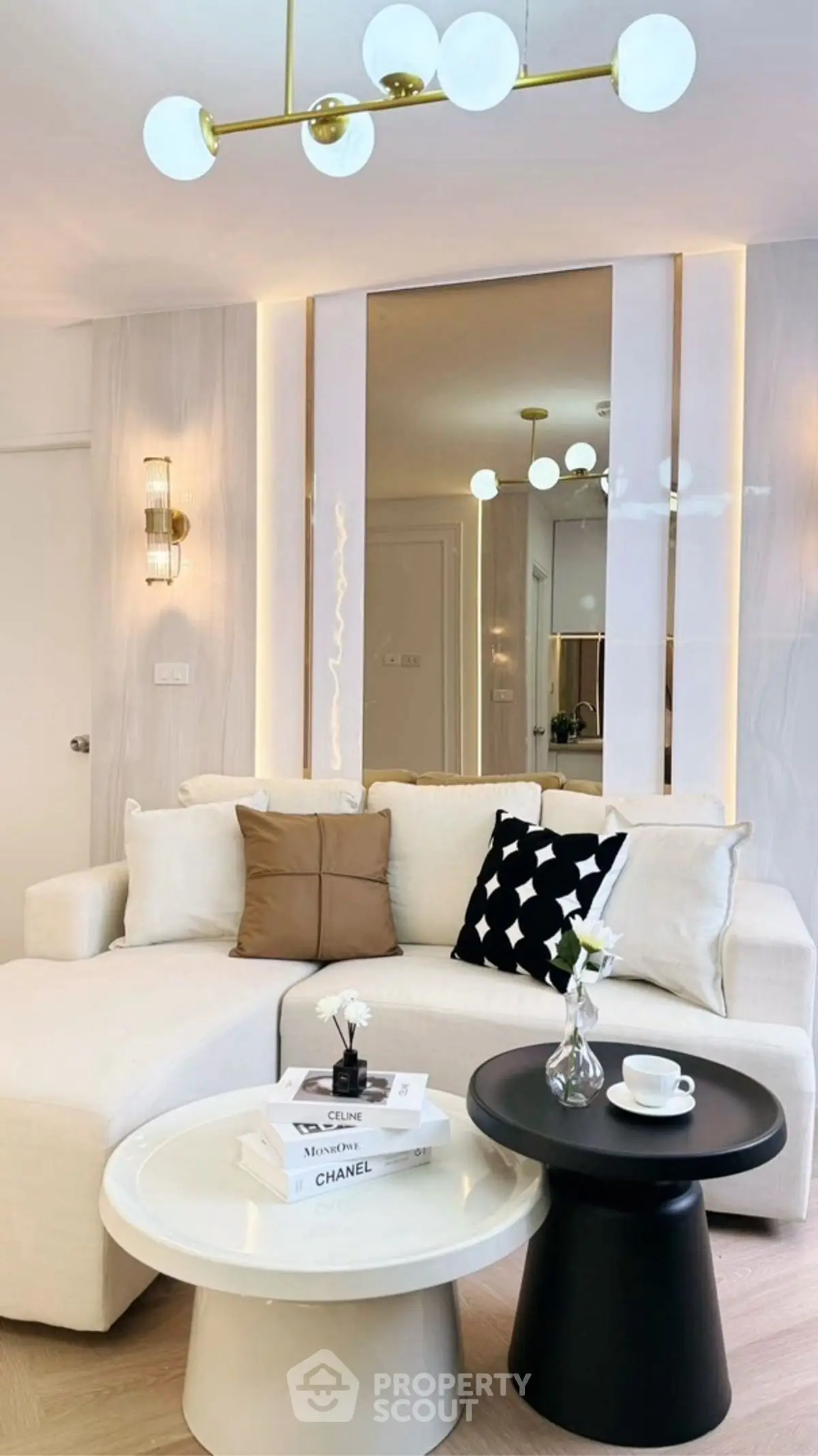 Stylish modern living room with chic decor and elegant lighting